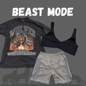 Darc Sport Wolves Tee (L), Alphalete Sculpt Bra (S) and Amplify Shorts (M)